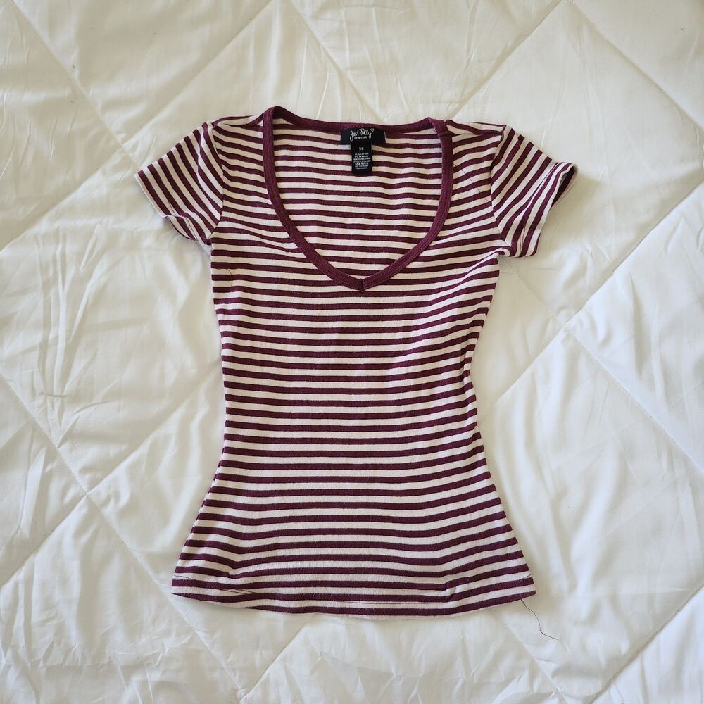 Just Polly Red/White Striped V-Neck Short Sleeve Tee Size XS